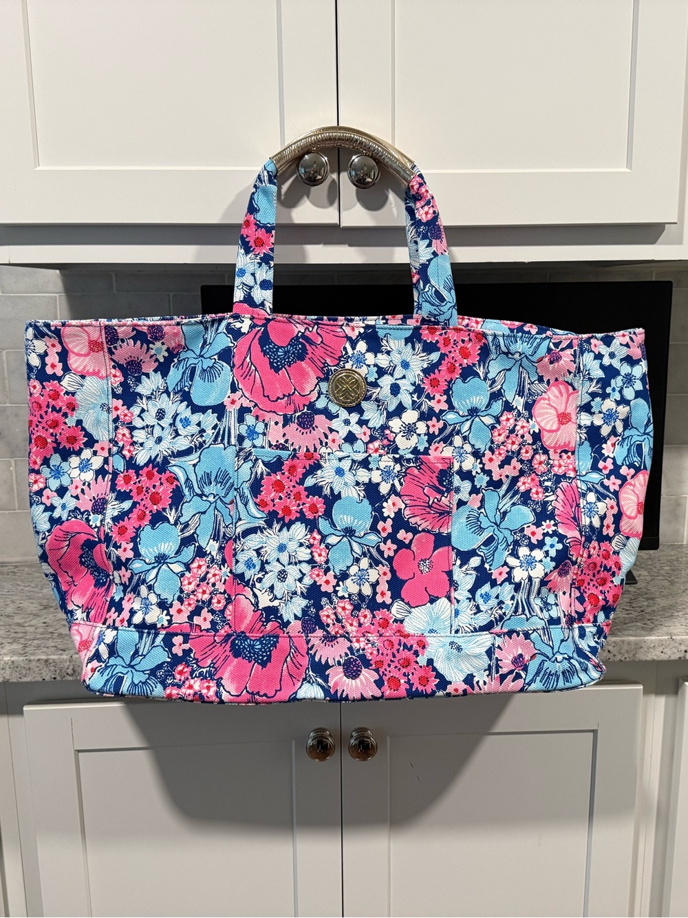 Lilly Pulitzer Navy, Pink & Light Blue Floral Canvas Tote